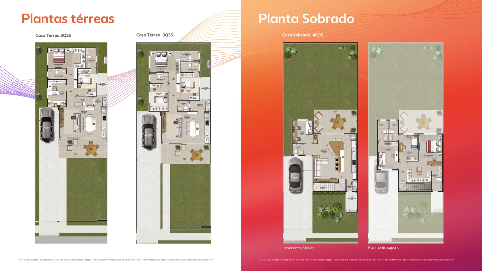 Plantas térreas e sobrado 4Q3S — book digital FGR Jardins Montreal (ilustrativo, unidade padrão)